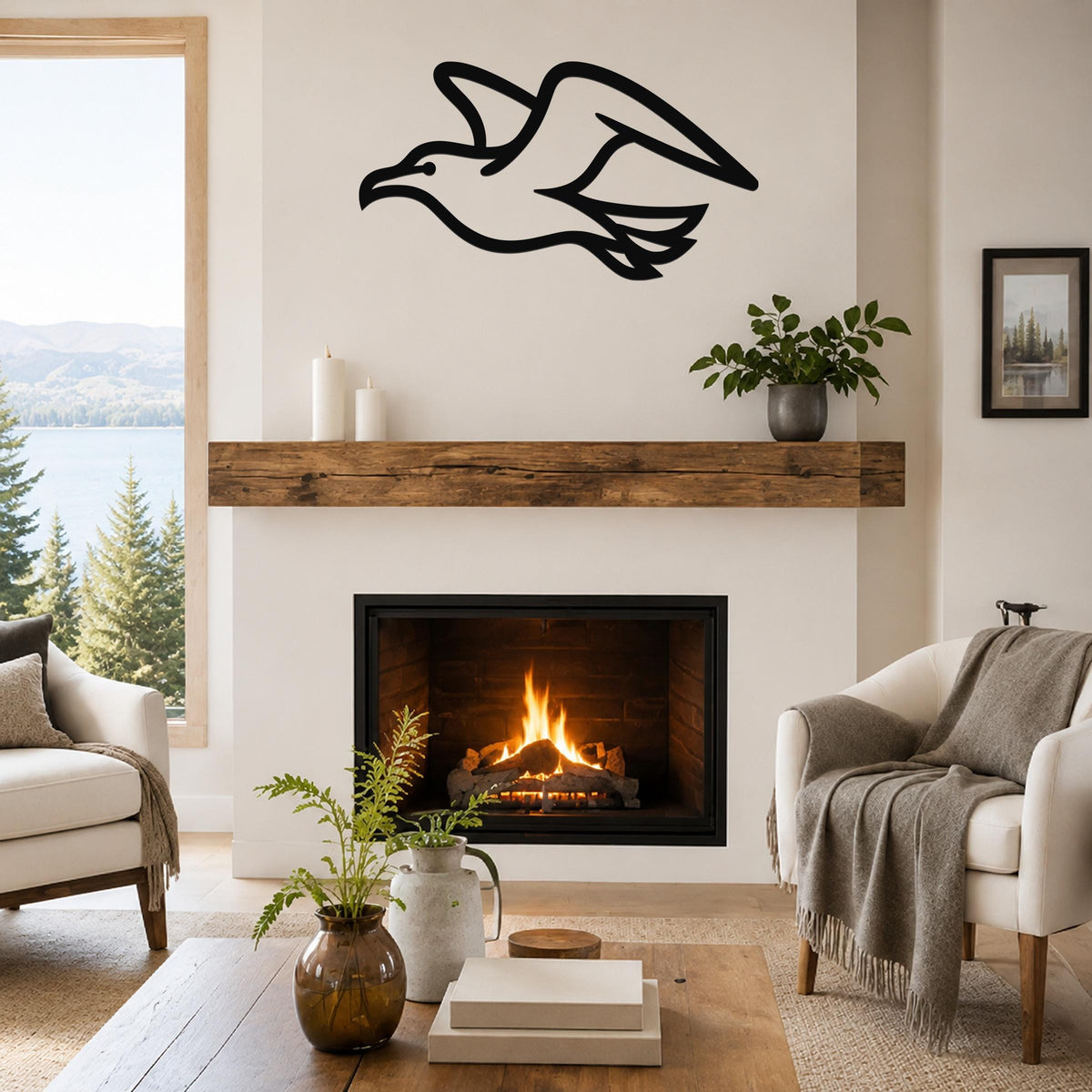 Black metal seagull wall art with motion-line cutouts, mounted above a fireplace in a living room.
