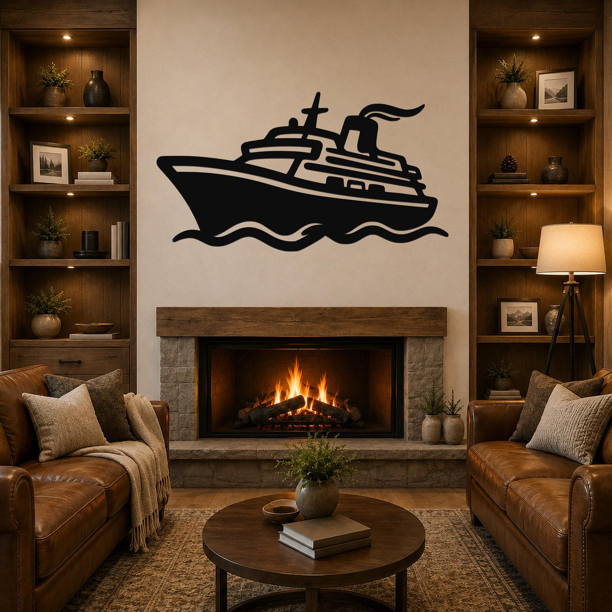 Black metal cruise ship wall art with wave cutouts, mounted above a fireplace in a living room.