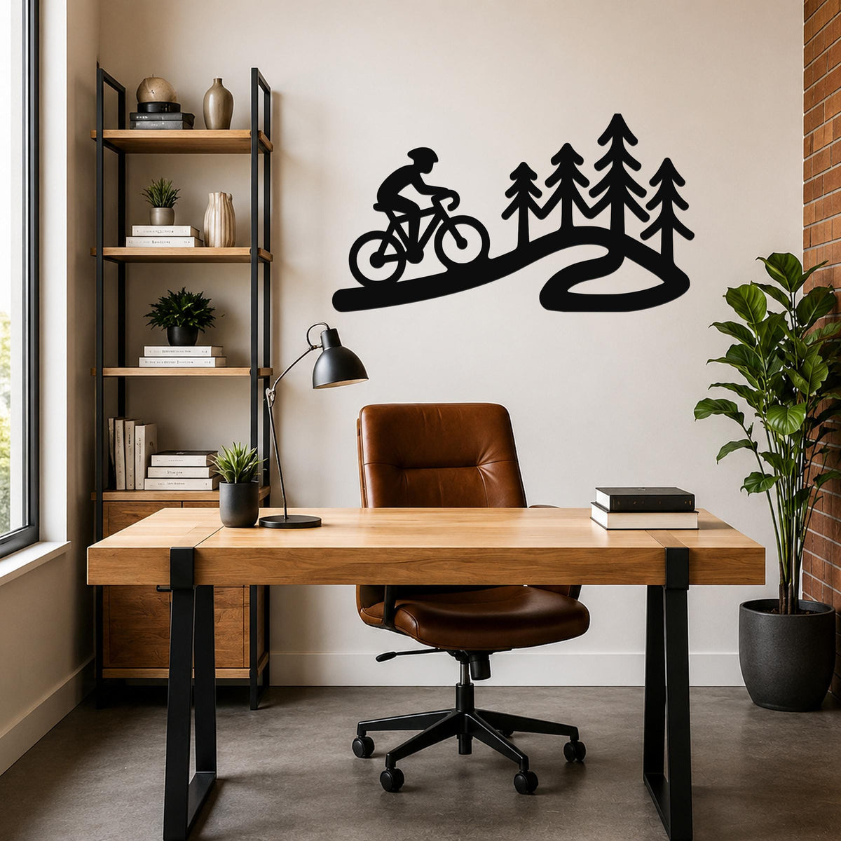 Black metal wall art silhouette of a cyclist on a winding path with pine trees, mounted above a wooden desk in a home office.