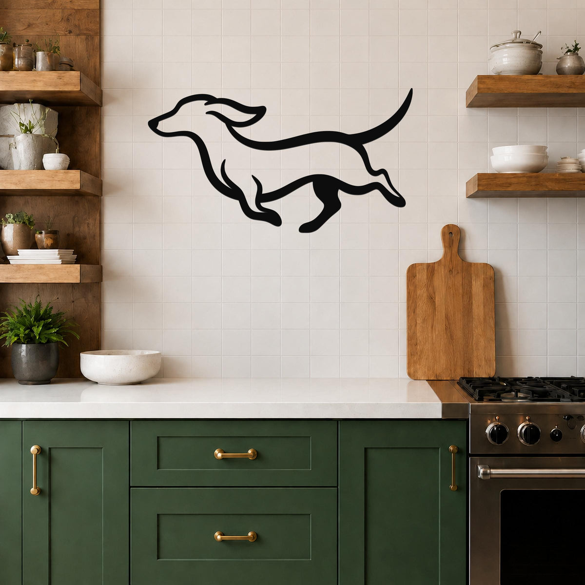 Black metal dachshund wall art with bold silhouette lines, mounted on a tiled kitchen wall above a counter.