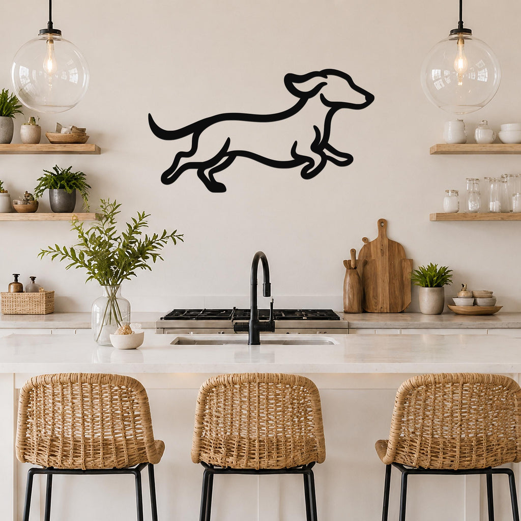 Black metal dachshund wall art with a playful running silhouette, mounted on a kitchen wall above a counter.