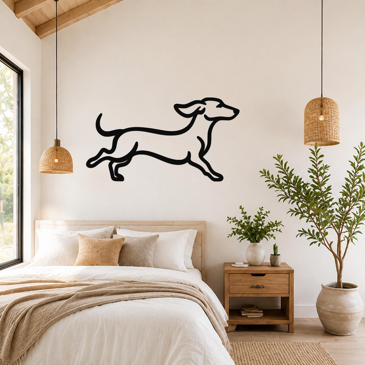 Black metal dachshund wall art in a running silhouette, mounted above a bed in a bright bedroom.