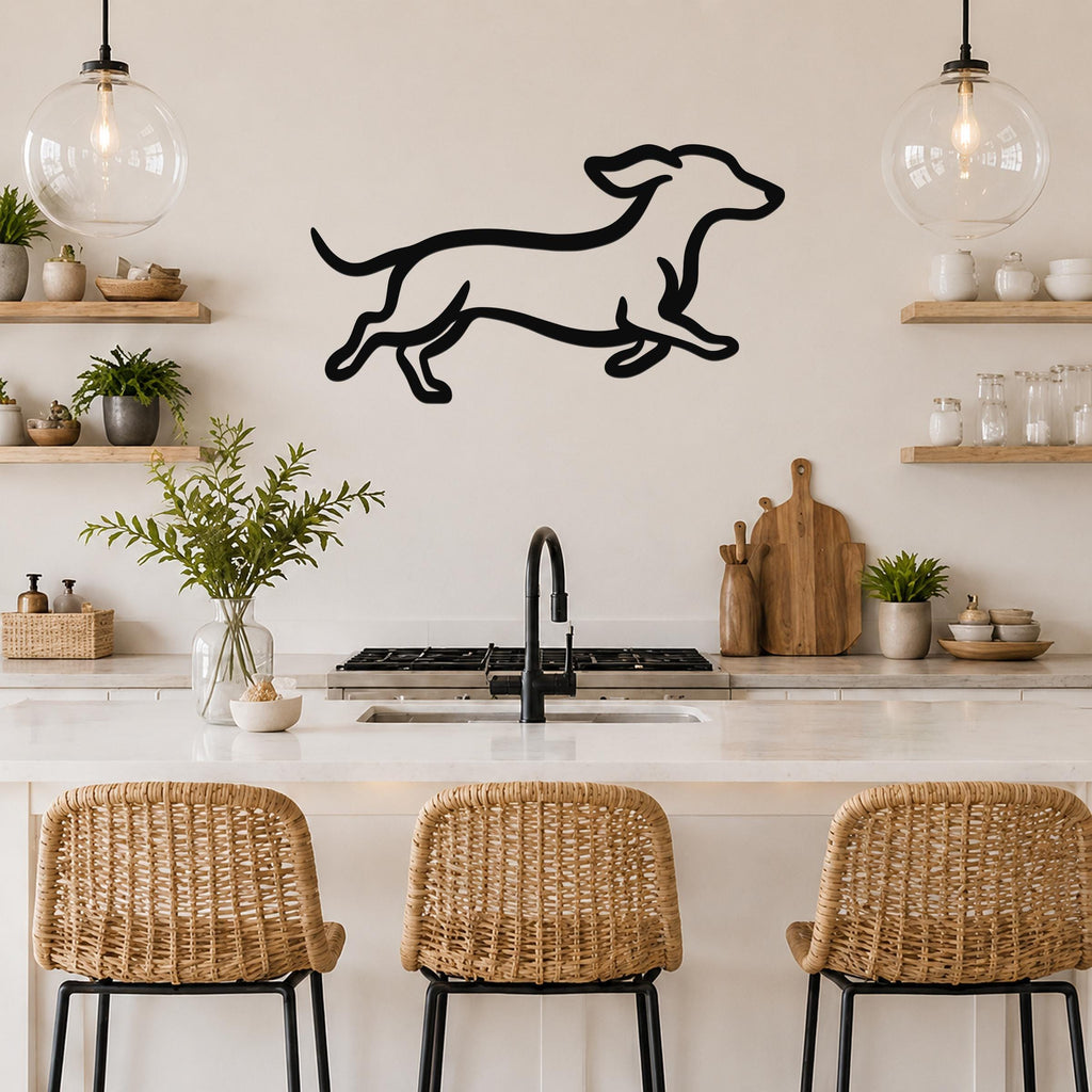 Black metal dachshund wall art with a running silhouette, mounted on a kitchen wall above a counter.