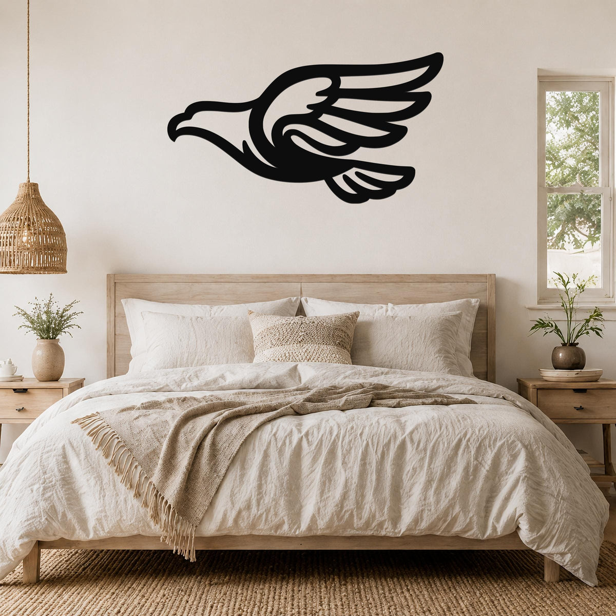 Black metal eagle wall art with a bold silhouette and wing motion lines, mounted above a wooden bed in a neutral bedroom.