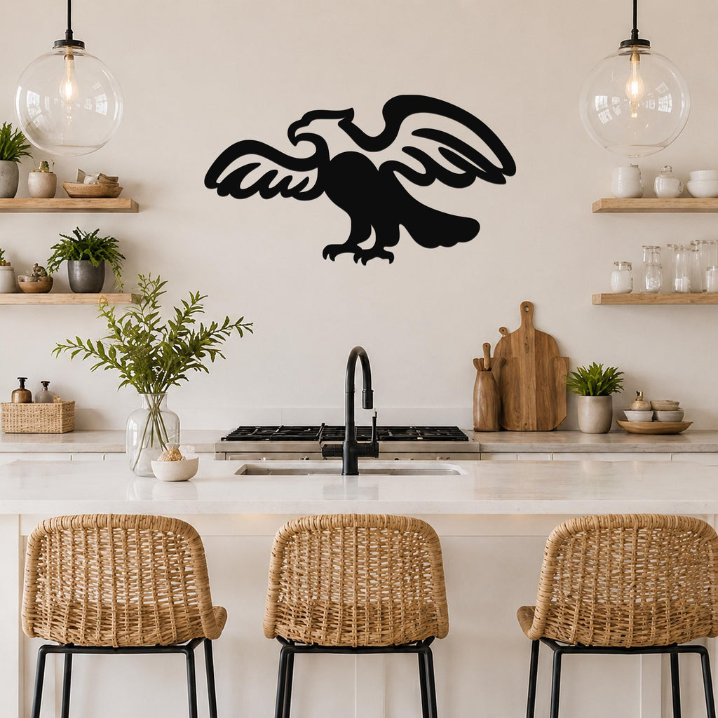 Black metal eagle wall art with outstretched wings and detailed feather cutouts, mounted on a kitchen wall above a counter.