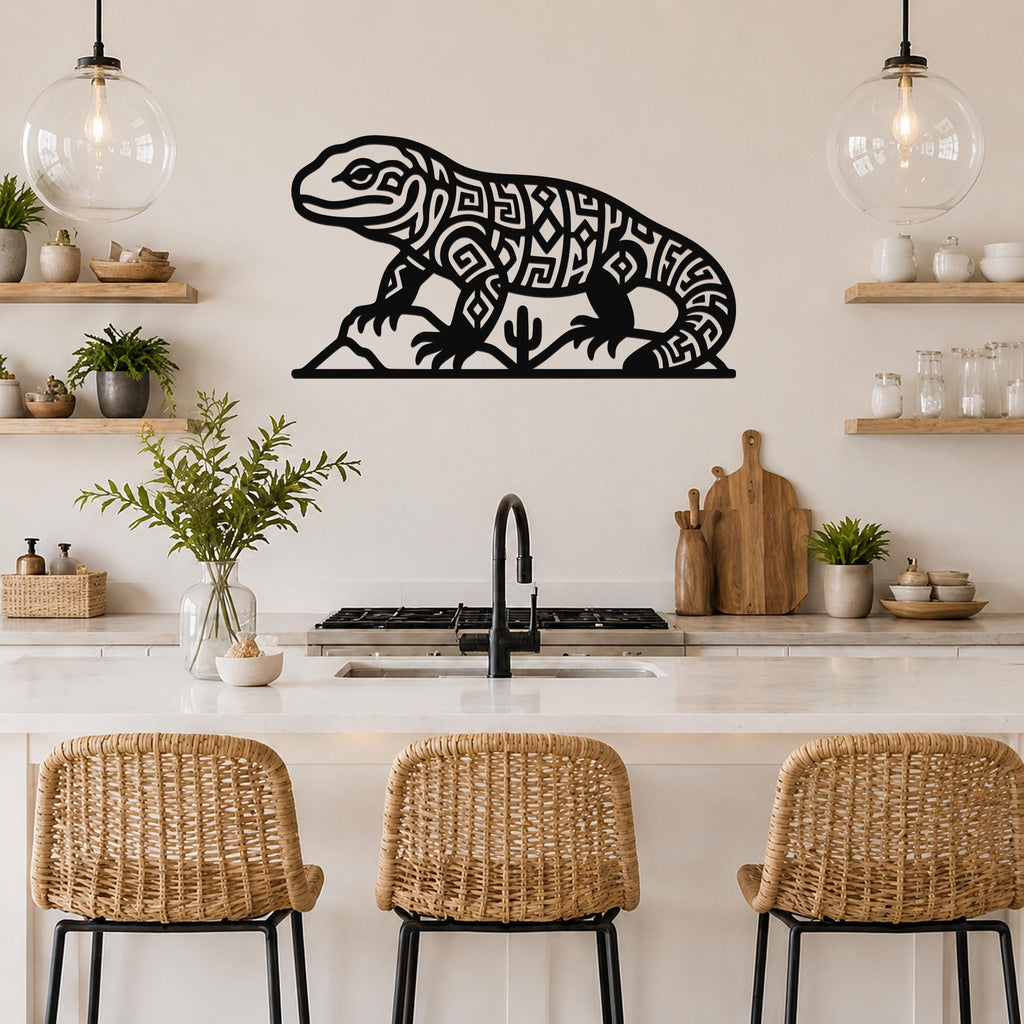 Black metal wall art of a Gila monster silhouette with intricate geometric cutouts, mounted above a kitchen counter.