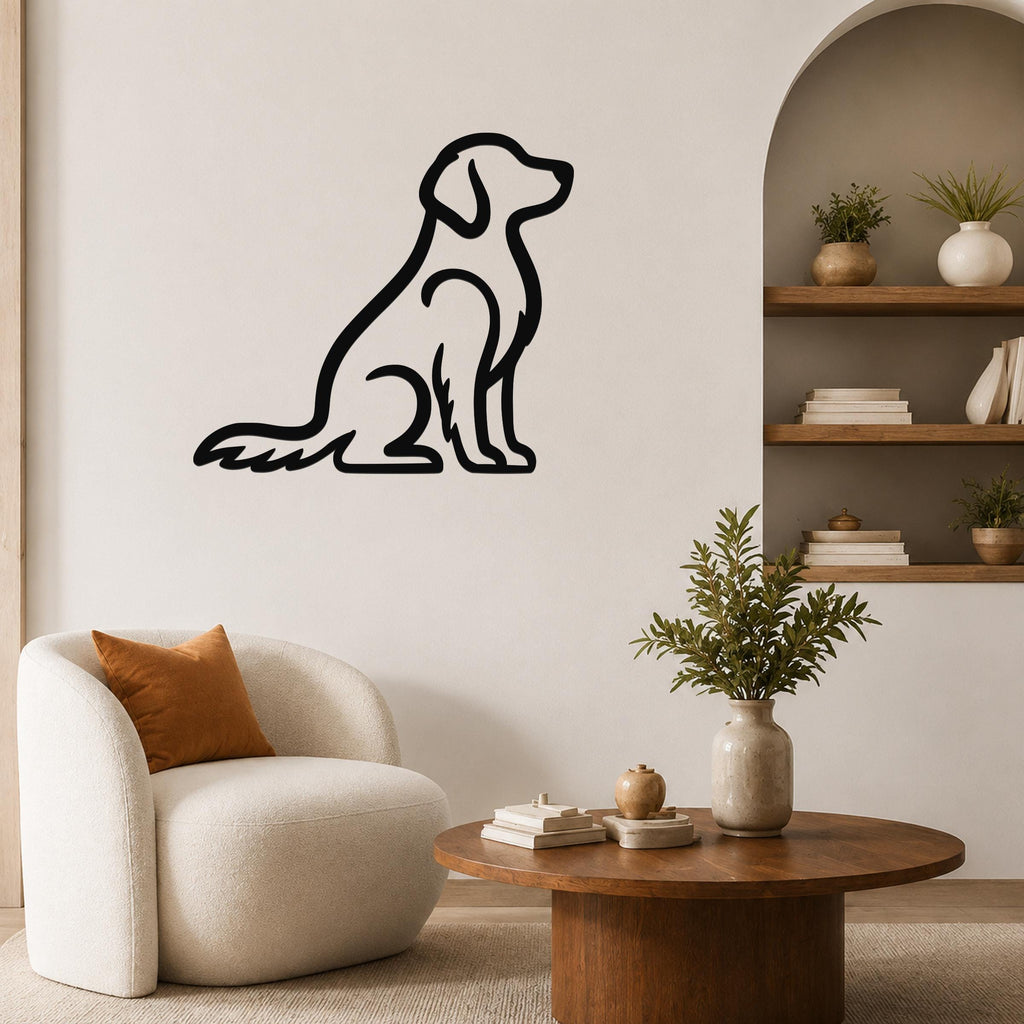 Black metal wall art of a sitting dog silhouette, mounted on a living room wall above a white armchair.
