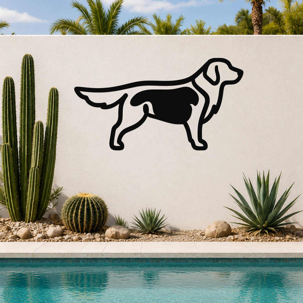Black metal dog silhouette wall art with internal cutout details, mounted on an outdoor wall beside a pool and cacti.