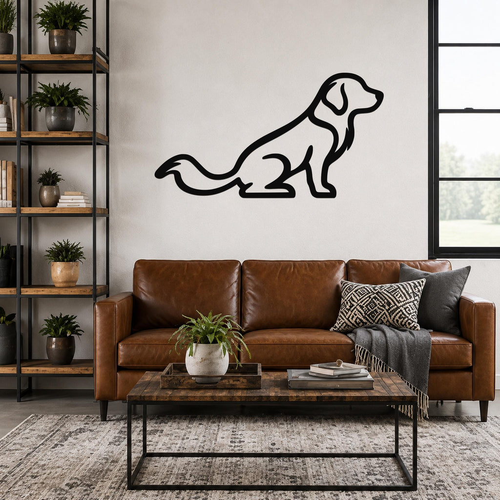 Black metal dog silhouette wall art, a sitting golden retriever with a long tail, mounted on a living room wall above a brown leather sofa.