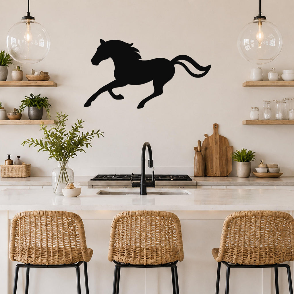 Black metal horse wall art silhouette with flowing mane and tail, mounted on a kitchen wall above a counter with wicker bar stools.