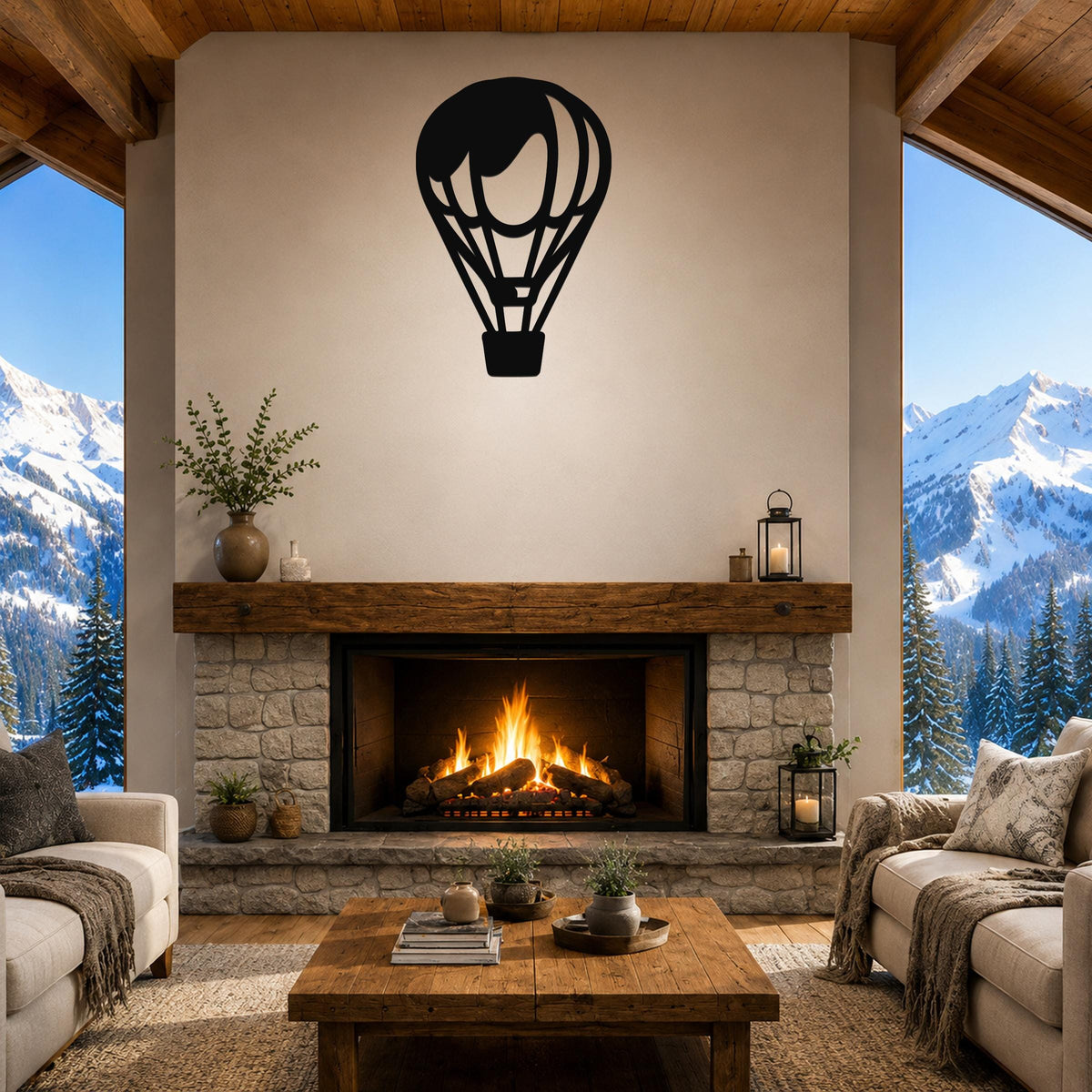 Black metal hot air balloon wall art with internal basket and rib cutouts, mounted above a stone fireplace in a rustic living room.
