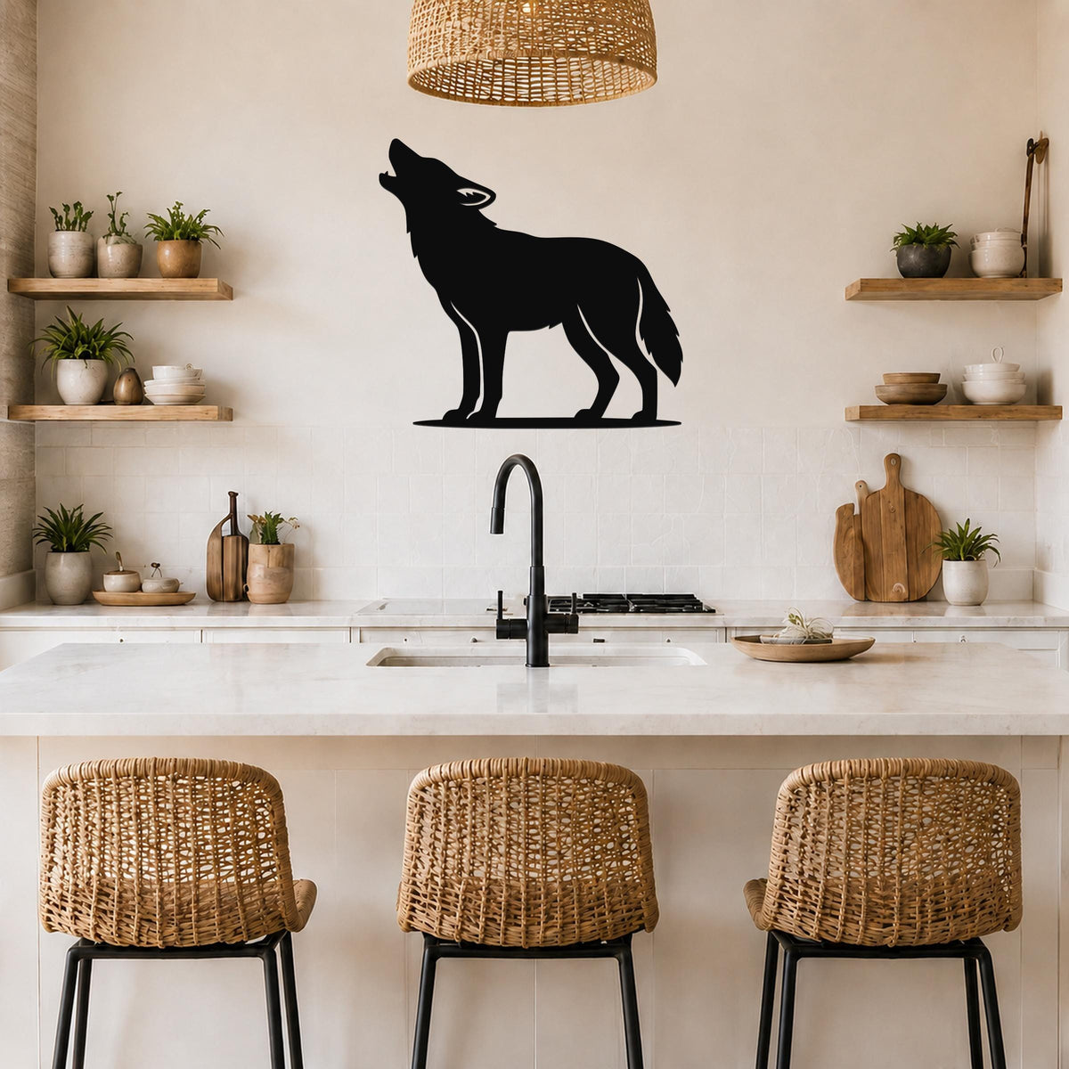 Black metal coyote wall art in a howling silhouette, mounted on a kitchen wall above a counter with wicker bar stools.