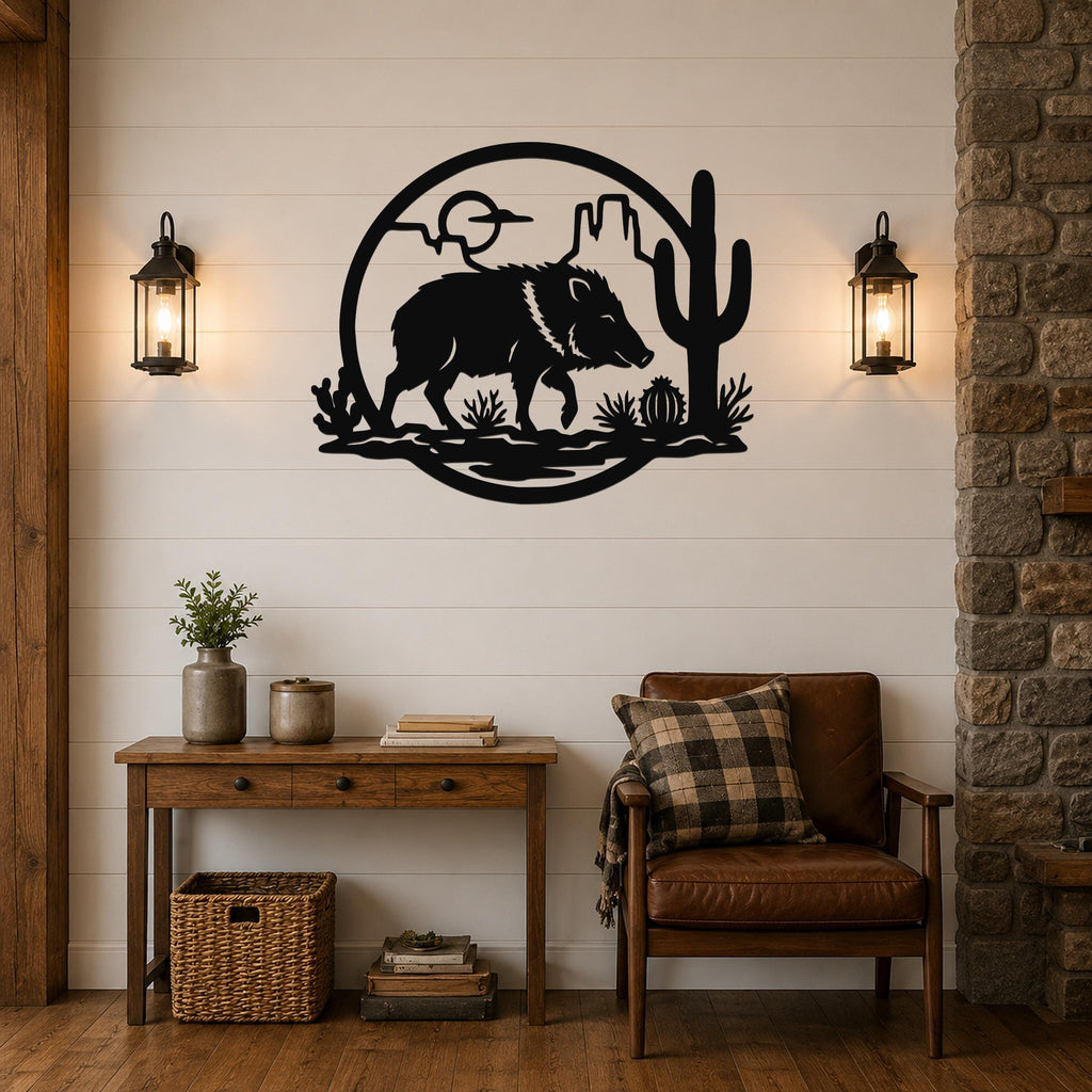Black metal wall art featuring a javelina silhouette with cactus and desert landscape cutouts, mounted on a white shiplap wall above a wooden console table in a rustic living room.