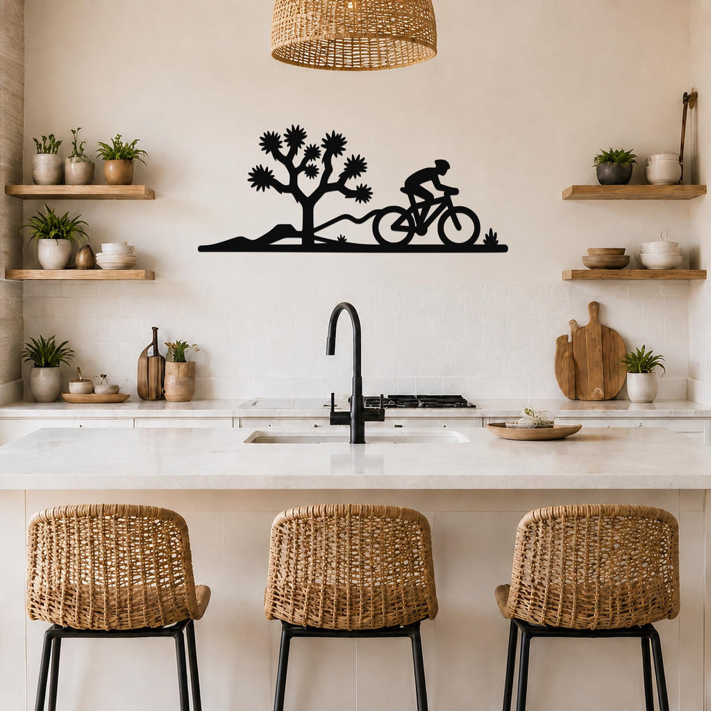 Black metal wall art silhouette of a cyclist and Joshua tree, mounted above a kitchen counter with open shelves and wicker stools.