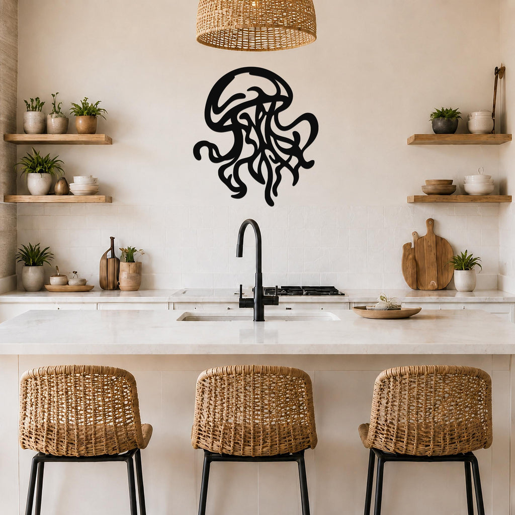 Black metal jellyfish wall art with flowing tentacle cutouts, mounted on a kitchen wall above a counter.