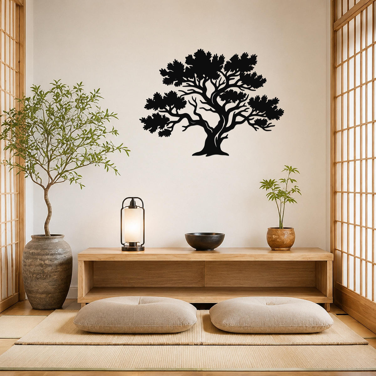 Black metal juniper tree wall art with detailed branch and leaf cutouts, mounted on a light-colored wall above a wooden console in a minimalist room.