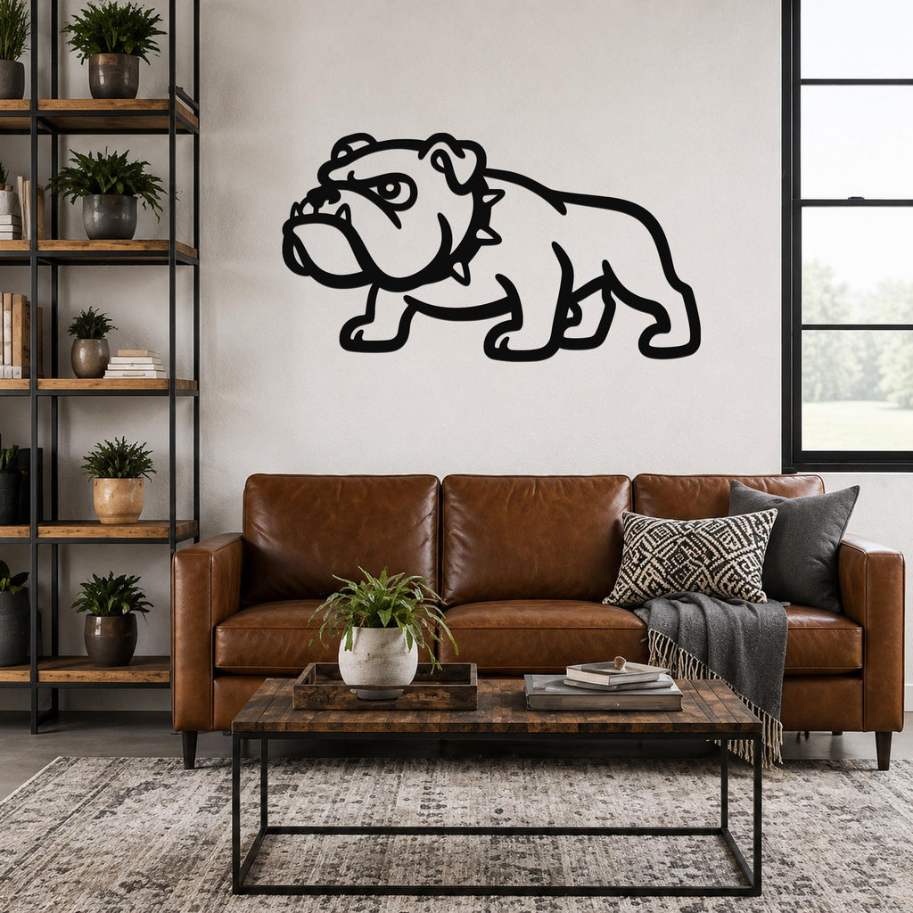 Black metal bulldog wall sculpture with bold silhouette cutouts, mounted above a brown leather sofa in a living room.