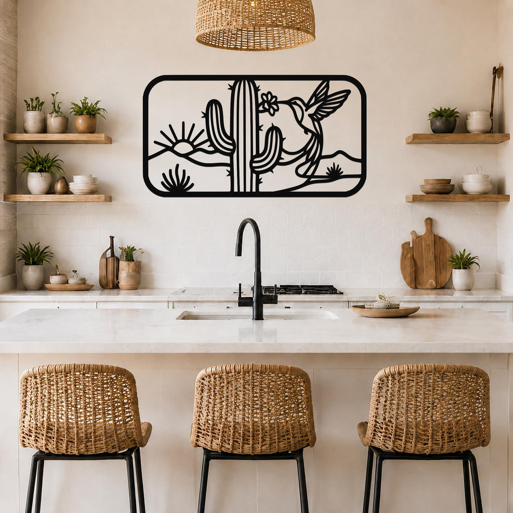 Black metal wall art with a desert scene silhouette featuring a saguaro cactus, hummingbird, and sun, mounted above a kitchen counter.