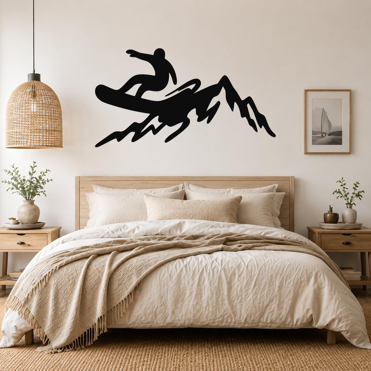 Black metal wall art silhouette of a snowboarder on a mountain, mounted above a bed in a bedroom.