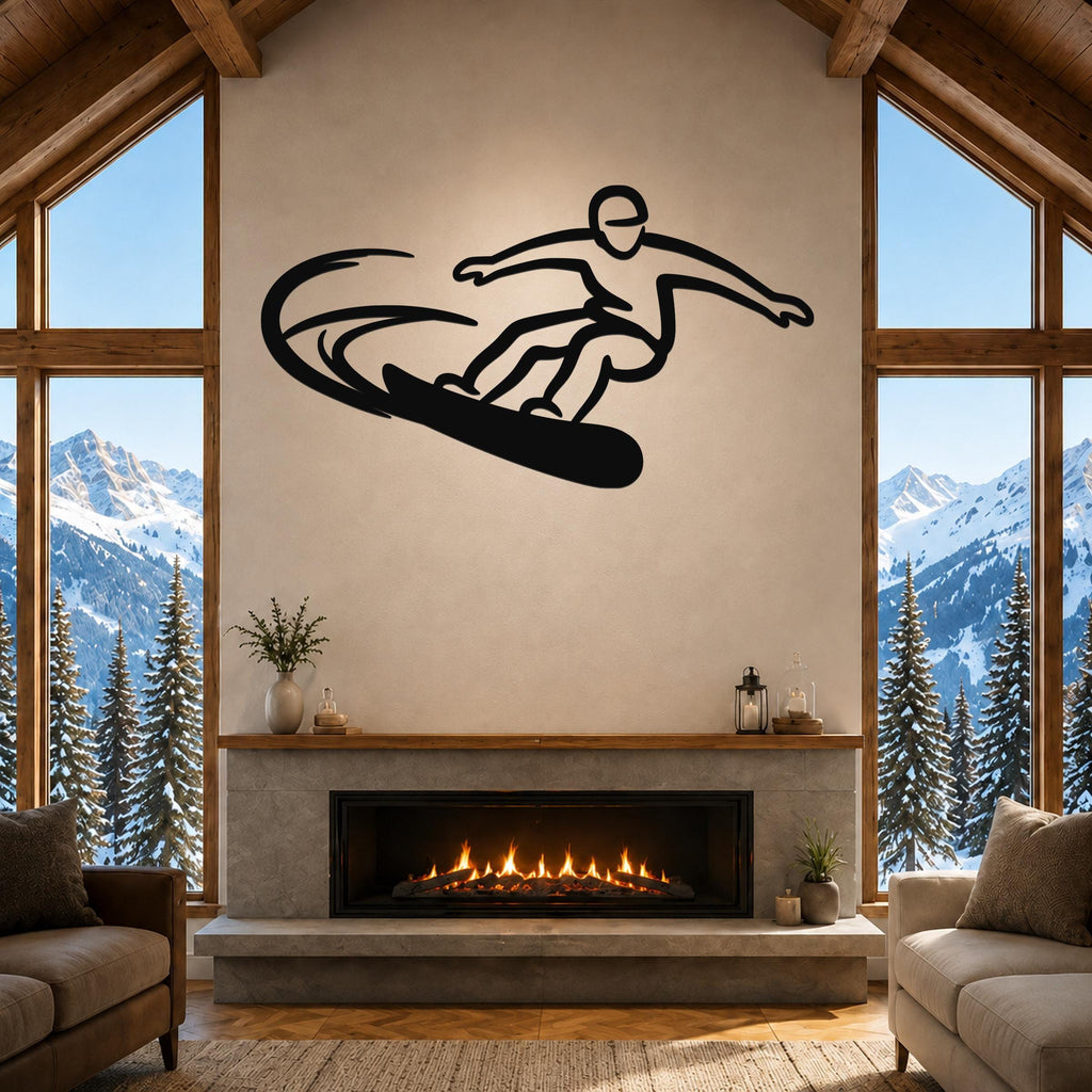 Black metal wall art of a snowboarder silhouette with motion lines, mounted above a fireplace in a living room with large windows and mountain views.