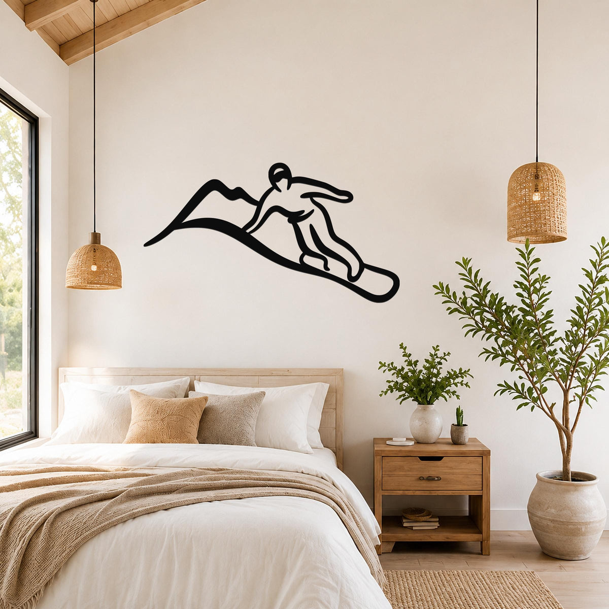 Black metal wall art silhouette of a snowboarder on a mountain, mounted above a bed in a bedroom with wooden furniture and woven pendant lights.