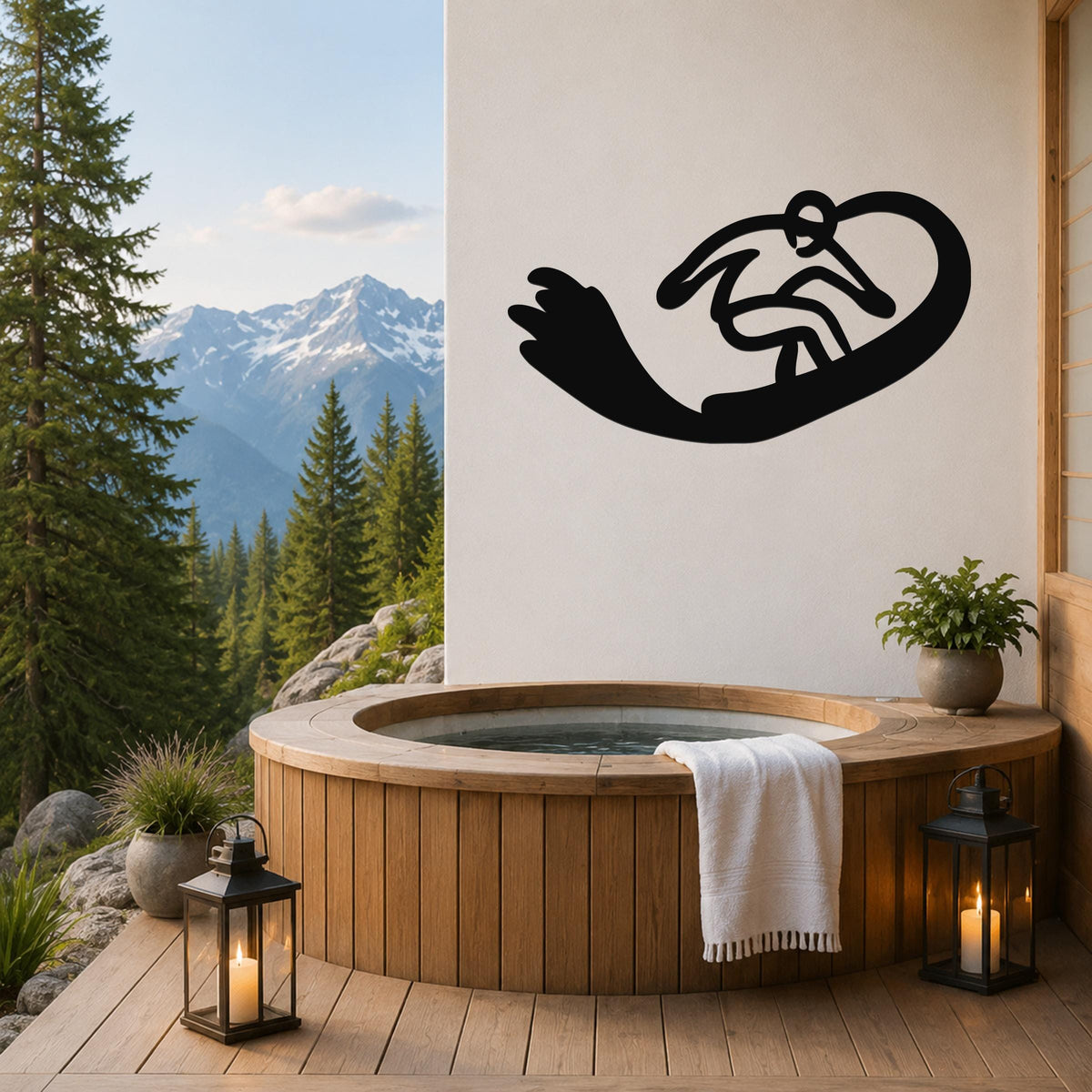 Black metal wall art silhouette of a snowboarder in motion, mounted on a white wall above a wooden hot tub on a mountain-view deck.