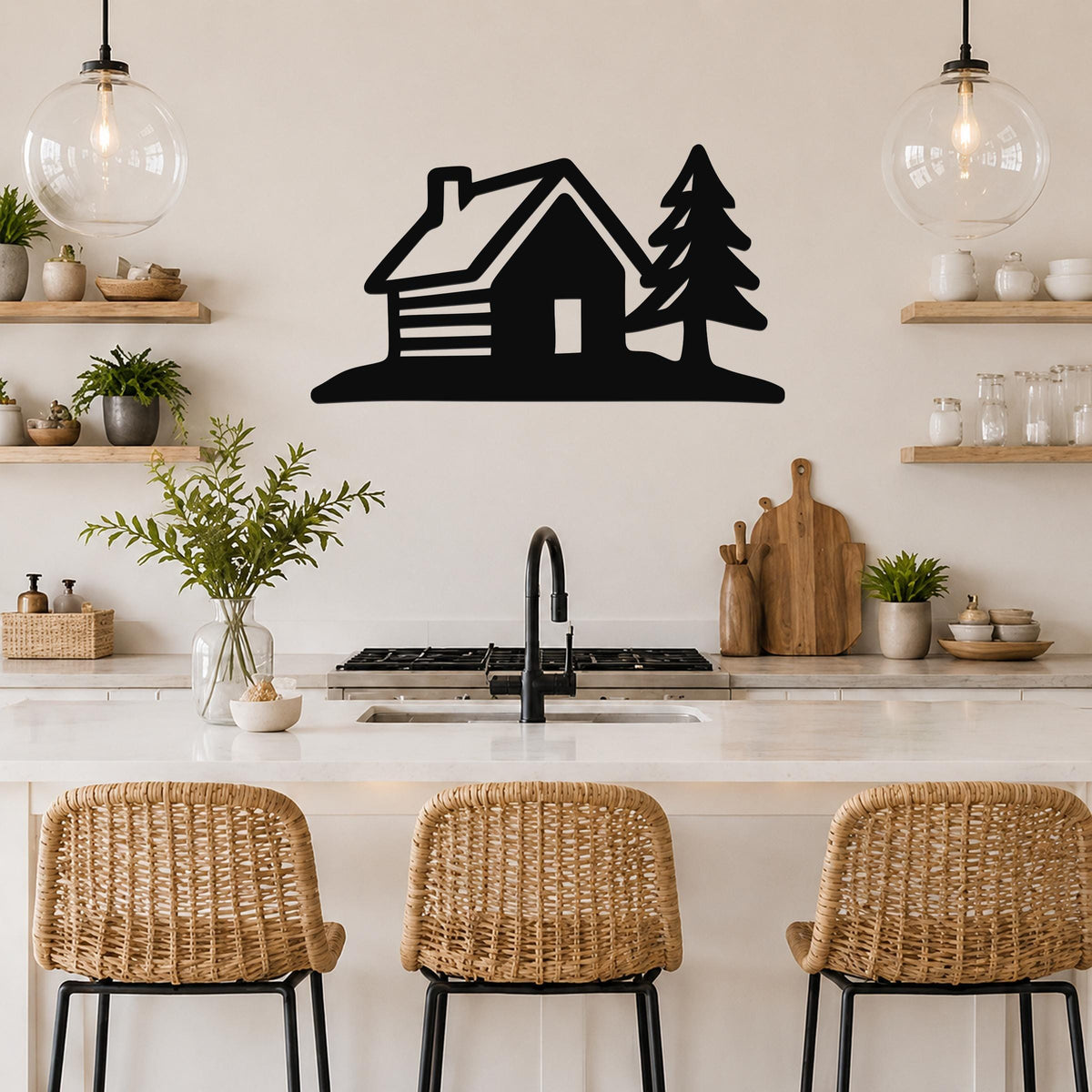 Black metal wall art featuring a cabin and pine tree silhouette, mounted above a kitchen counter with wicker stools and pendant lights.