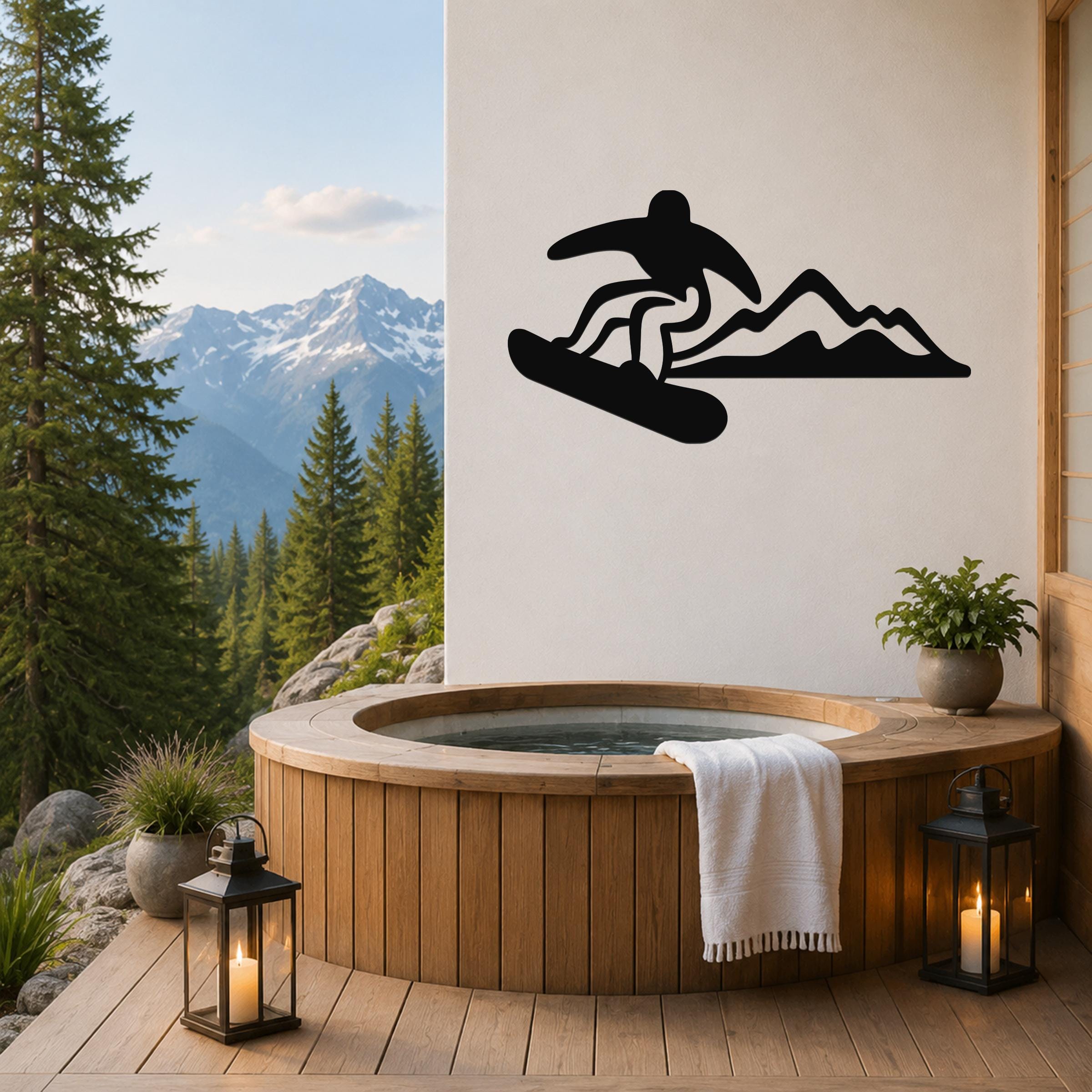 Black metal wall art silhouette of a snowboarder in motion above a mountain range, mounted on a white wall above a wooden hot tub on a deck with a mountain view.