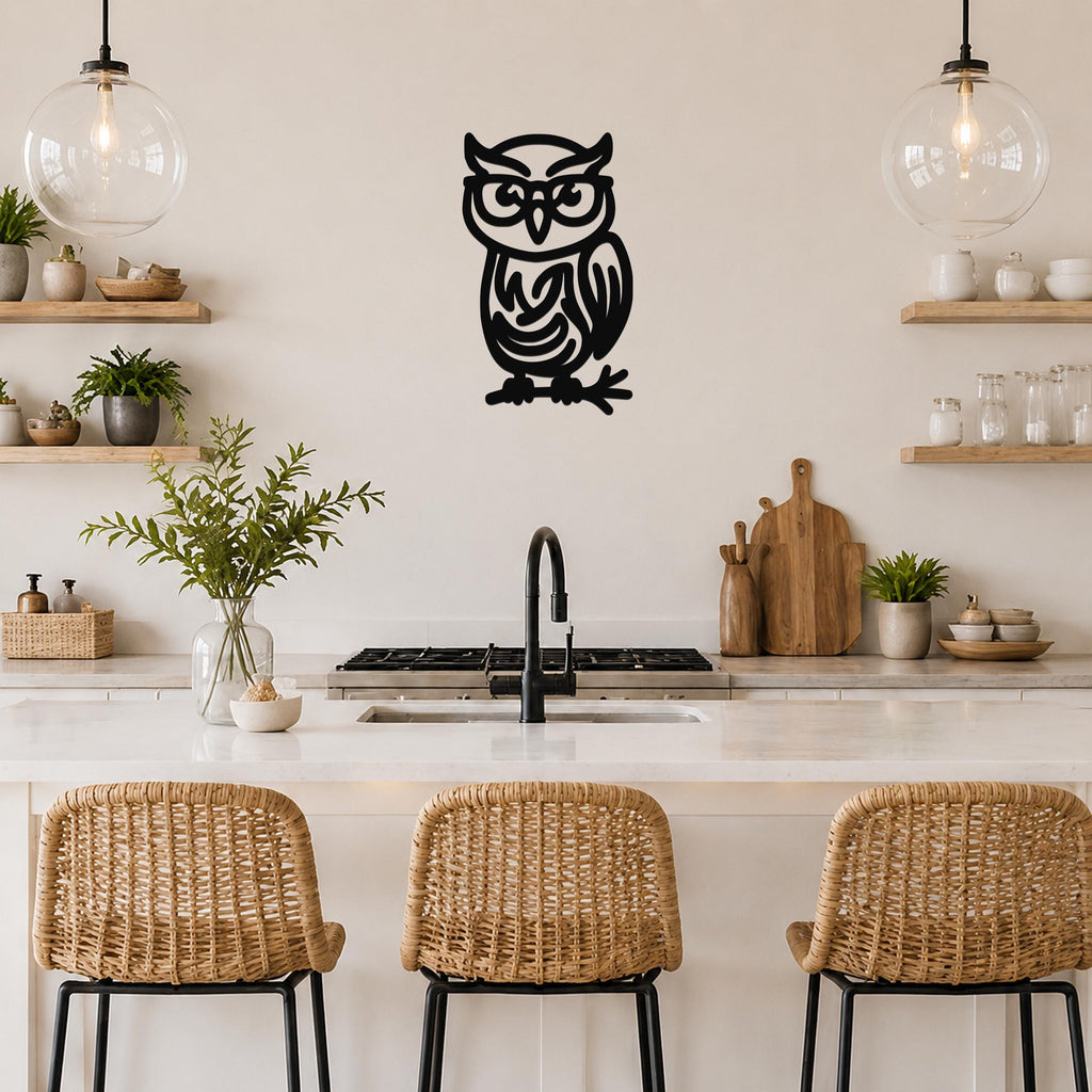 Black metal owl wall art with glasses and leaf-patterned cutouts, mounted on a kitchen wall above a counter.
