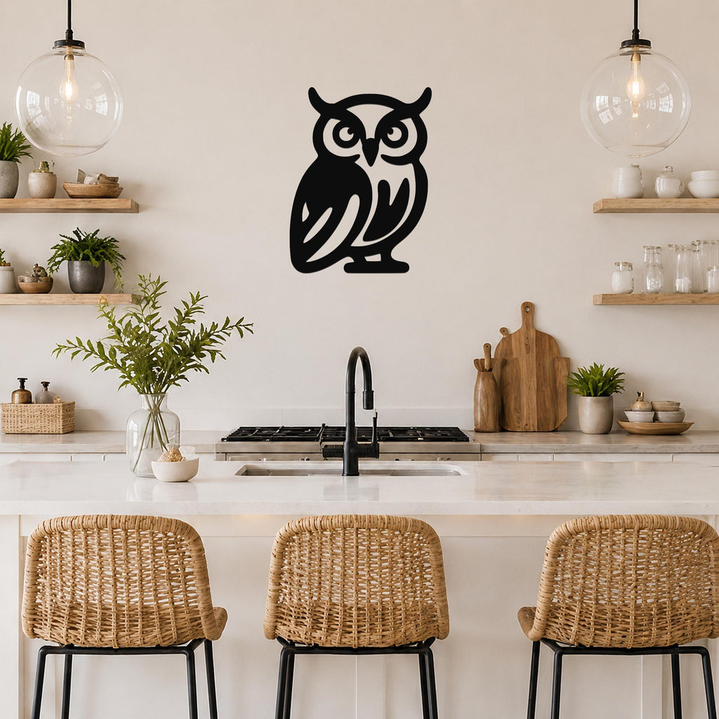 Black metal owl wall art with cutout details, mounted on a kitchen wall above a counter.