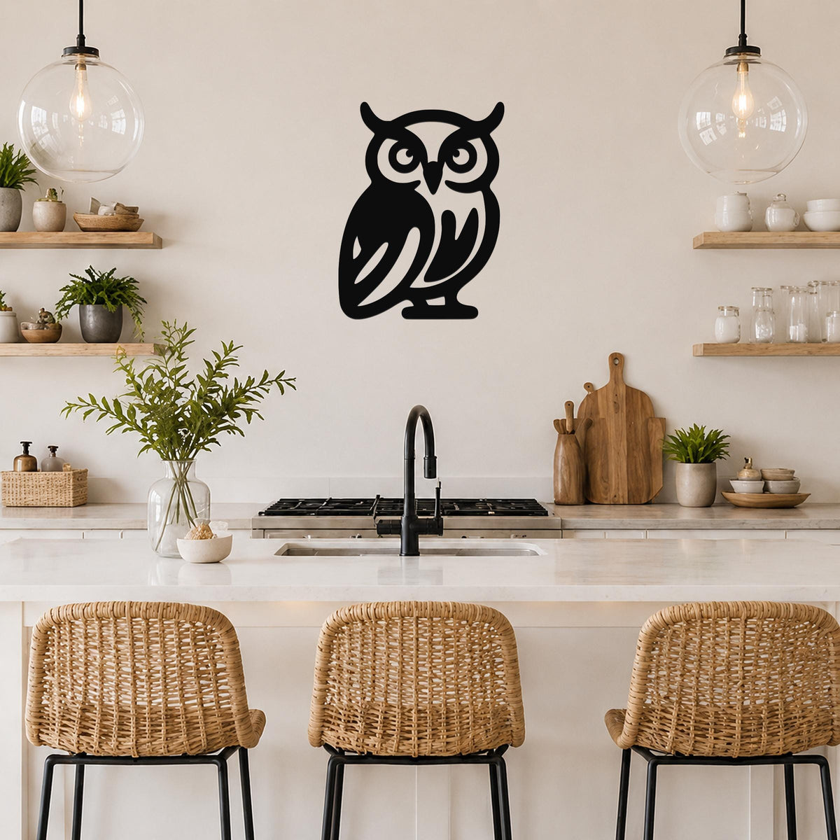 Black metal owl wall art with cutout details, mounted on a kitchen wall above a counter.
