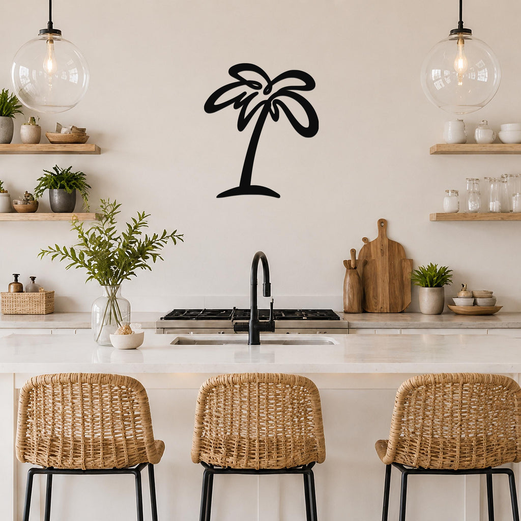 Black metal palm tree wall art with a silhouette design, mounted on a kitchen wall above a counter.