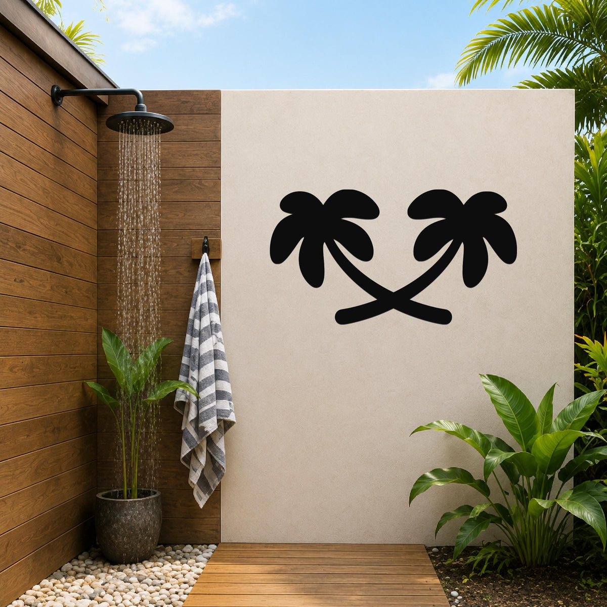 Black metal palm tree wall art with two silhouetted trees, mounted on a beige outdoor wall beside a wooden shower area.