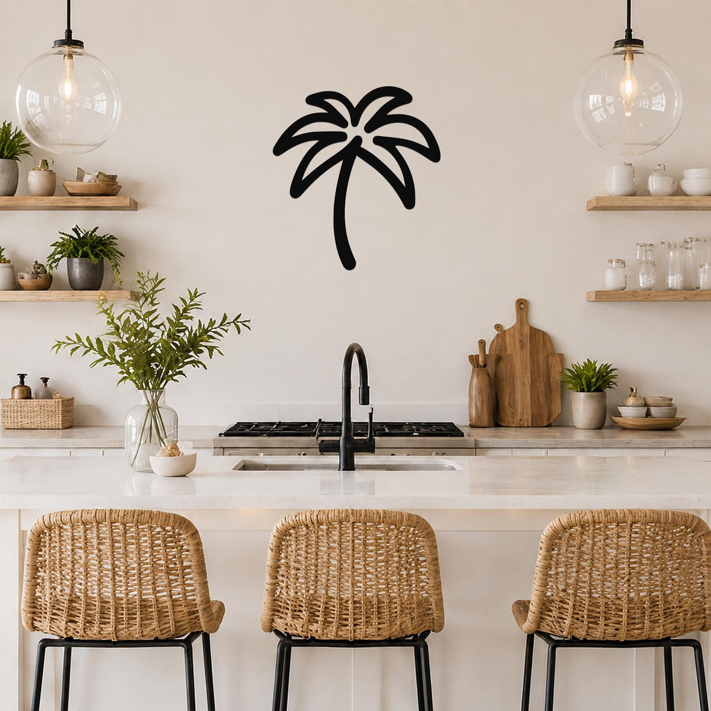 Black metal palm tree wall art with a silhouette design, mounted on a kitchen wall above a counter.