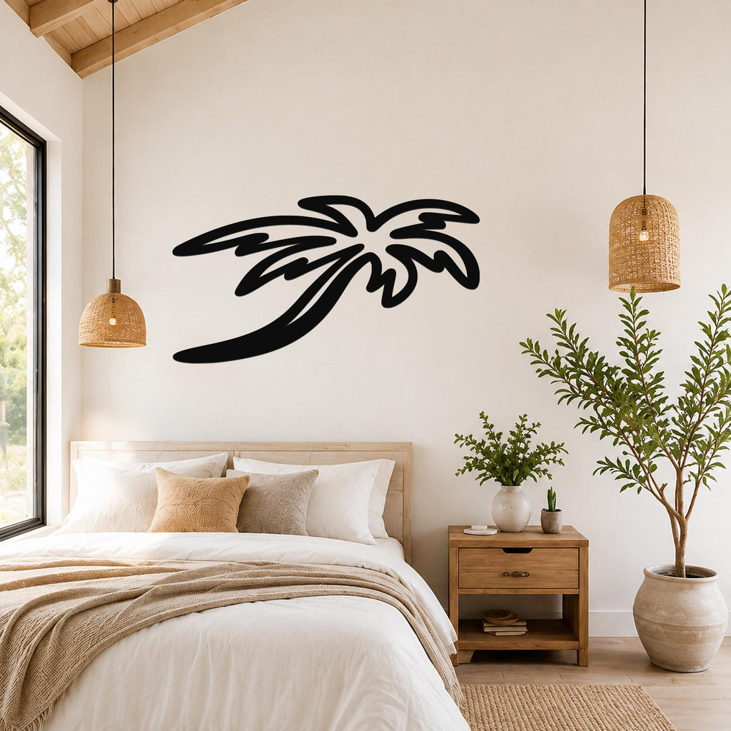 Black metal palm tree wall art with flowing frond cutouts, mounted above a bed in a bright bedroom.