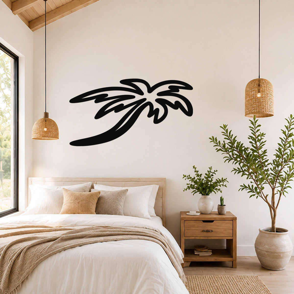 Black metal palm tree wall art with flowing frond cutouts, mounted above a bed in a bright bedroom.