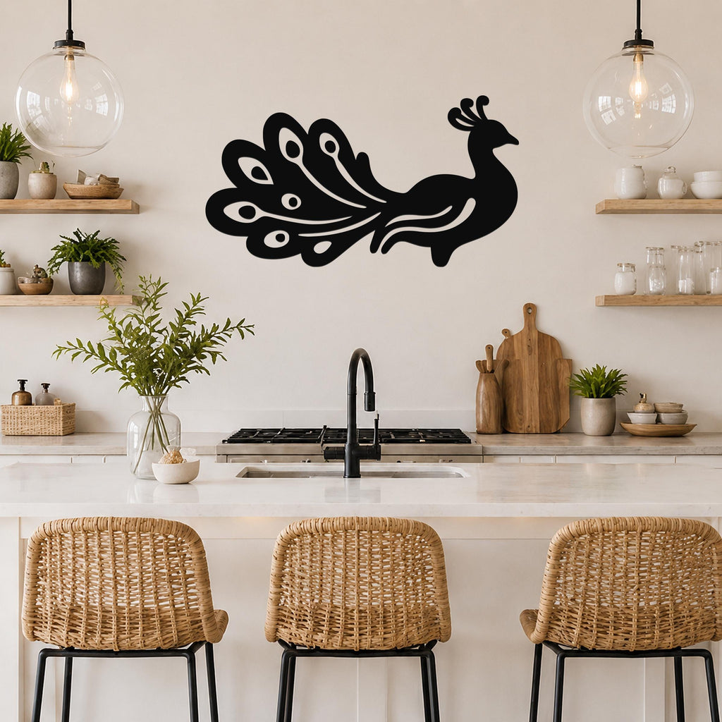 Black metal peacock wall art with detailed feather cutouts, mounted on a kitchen wall above a counter.