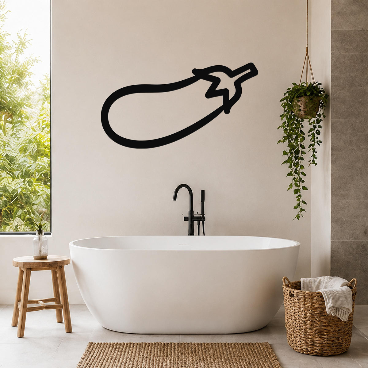 Black metal eggplant wall art silhouette mounted on a bathroom wall above a freestanding tub.