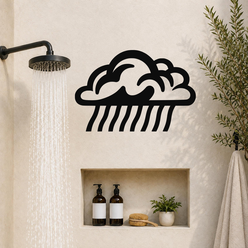 Black metal rain cloud wall art with raindrop cutouts, mounted on a bathroom wall above a built-in shelf.