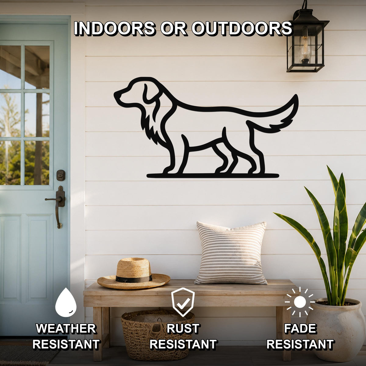 Black metal retriever silhouette wall art mounted on a white shiplap wall above a wooden bench in a porch setting.
