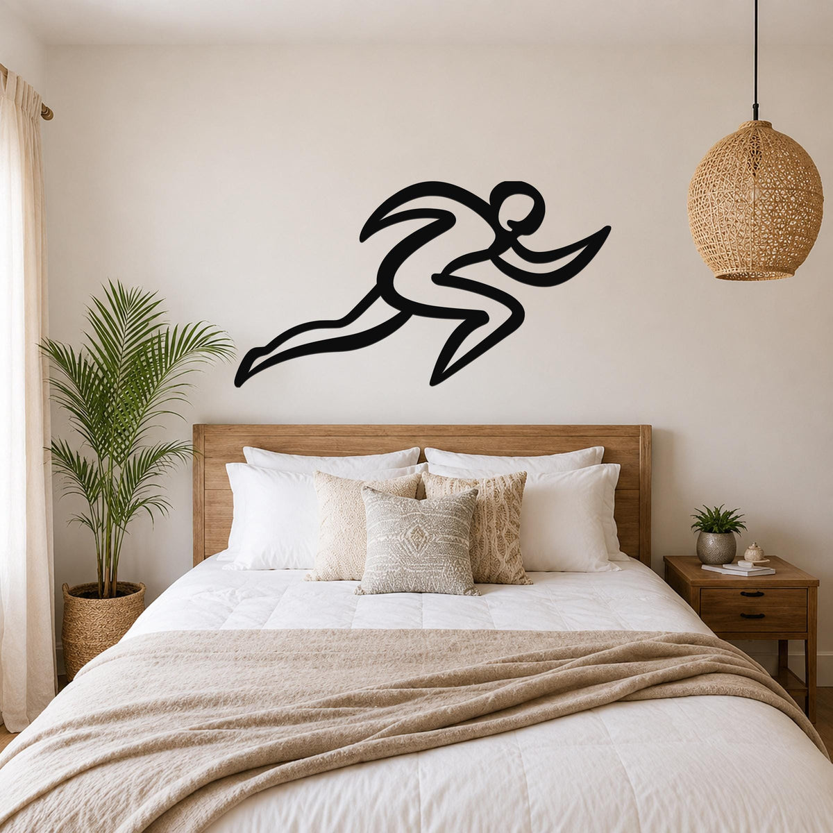 Black metal runner wall art with motion-line cutouts, mounted above a wooden bed in a neutral bedroom.