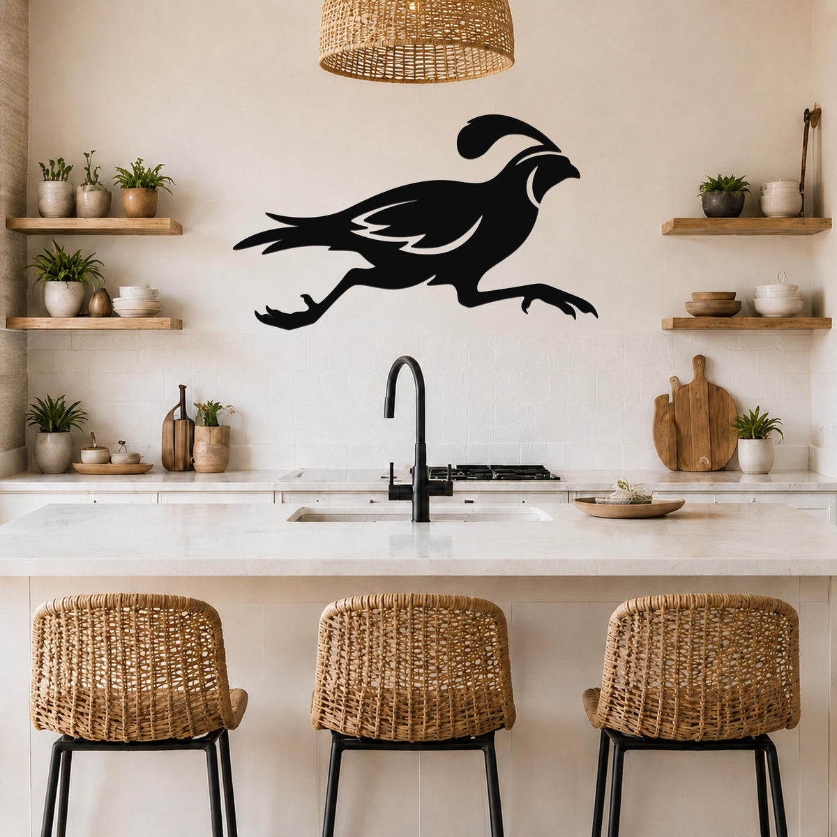 Black metal quail wall art with motion-line cutouts, mounted above a kitchen counter in a modern kitchen.