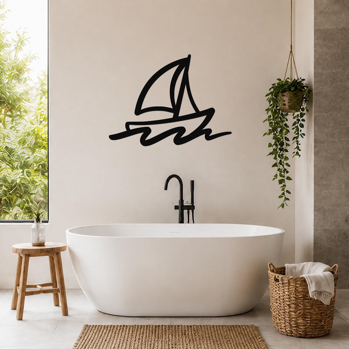 Black metal sailboat wall art with bold lines and wave cutouts, mounted on a bathroom wall above a freestanding tub.