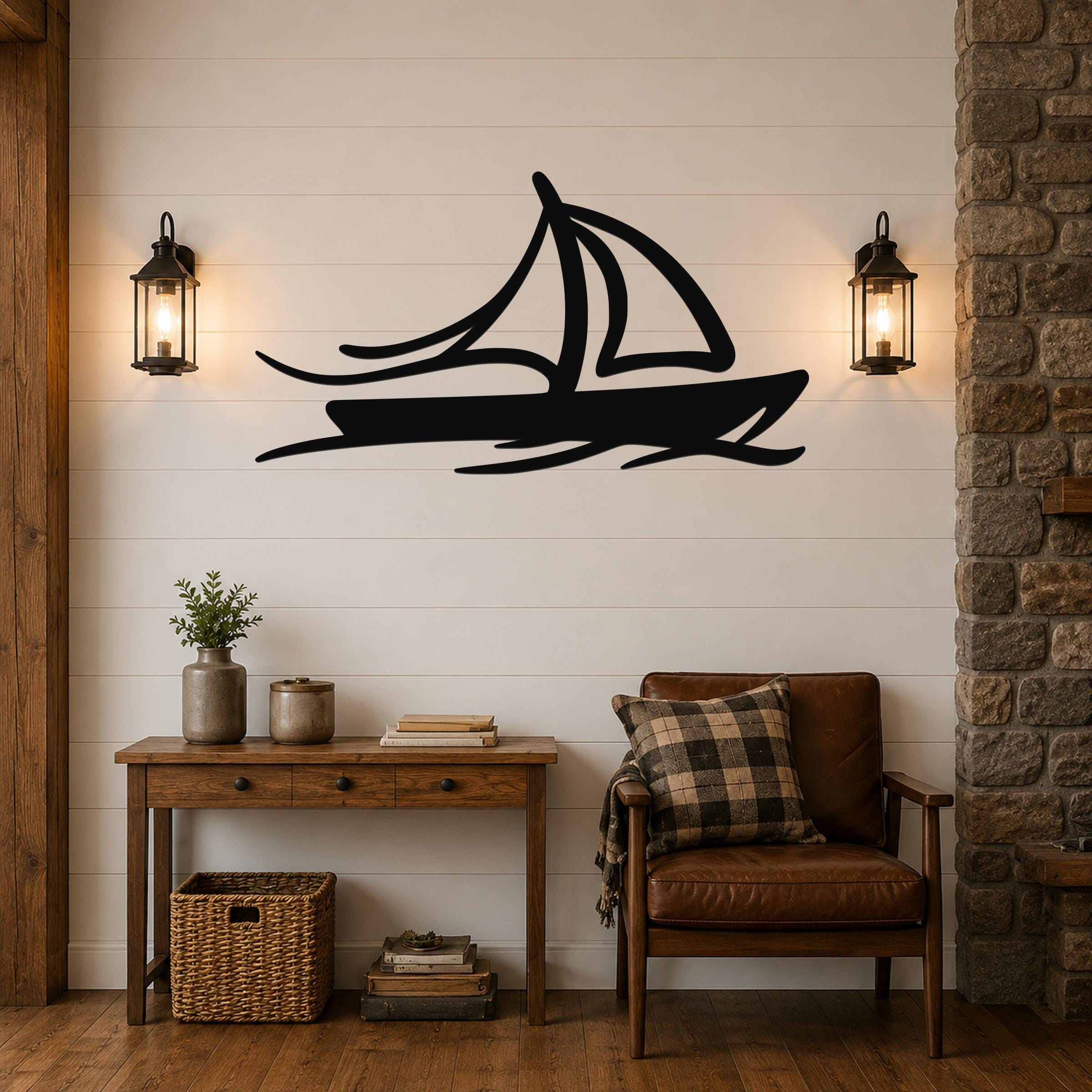 Black metal sailboat wall art with motion-line cutouts, mounted on a shiplap wall above a wooden console table in a living room.