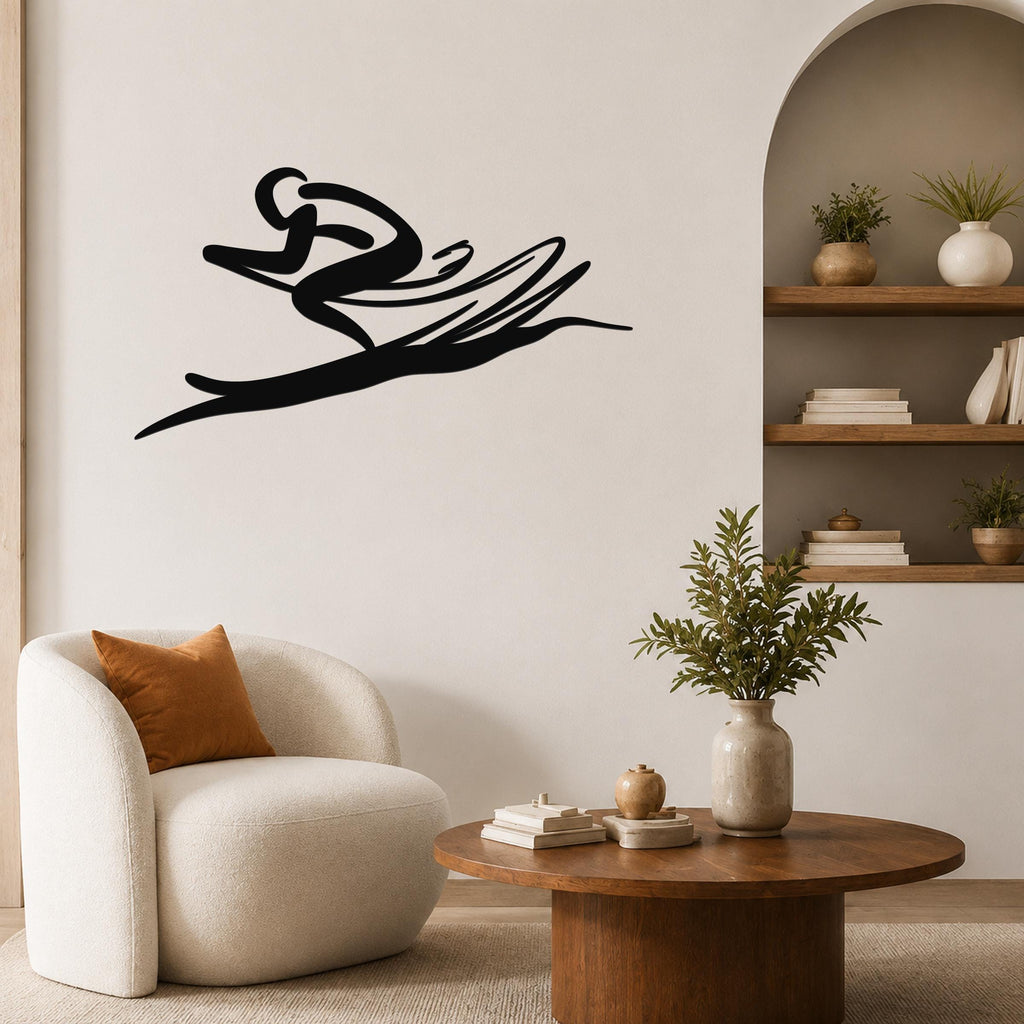 Black metal wall art in a silhouette of a skier in motion, mounted on a living room wall above a white armchair.