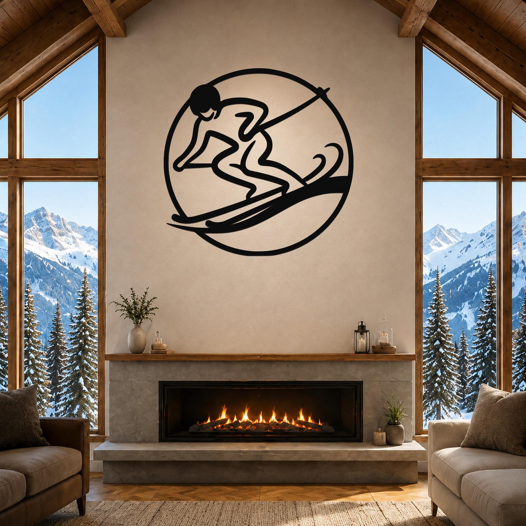 Black metal wall art of a skier silhouette inside a circle, mounted above a fireplace in a living room with large windows and snowy mountain views.