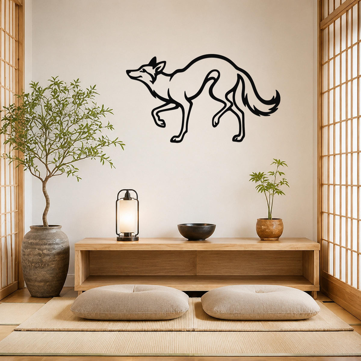 Black metal coyote wall art with a sleek silhouette design, mounted on a wall above a wooden console in a minimalist room with tatami mats and plants.