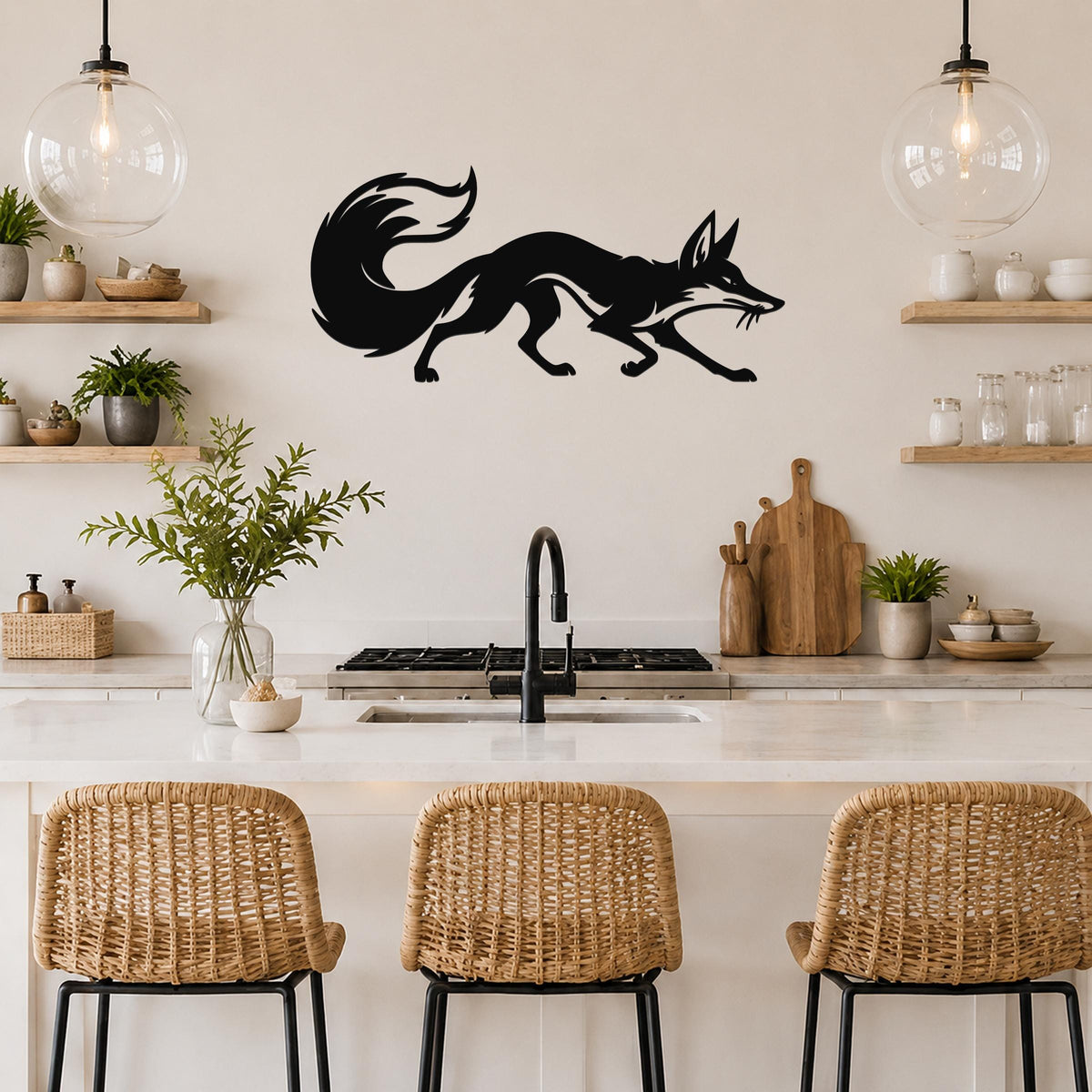 Black metal fox wall art silhouette with motion lines, mounted above a kitchen counter in a modern rustic kitchen.