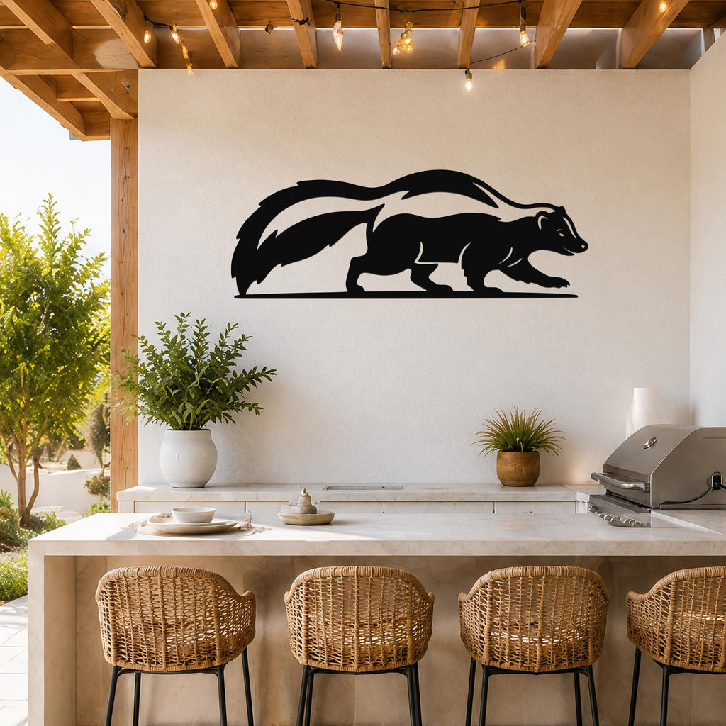 Black metal skunk wall art silhouette with a long tail and white stripe, mounted on a white wall above a kitchen counter with wicker bar stools.