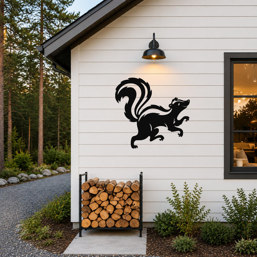 Black metal skunk wall art silhouette with raised tail, mounted on a white horizontal siding exterior wall above a firewood rack.
